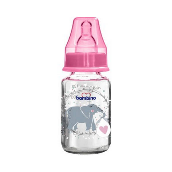 Bambino Cam Biberon Yavaş Akış 125ml 0+ Ay - Pembe - Fil Desenli - 1