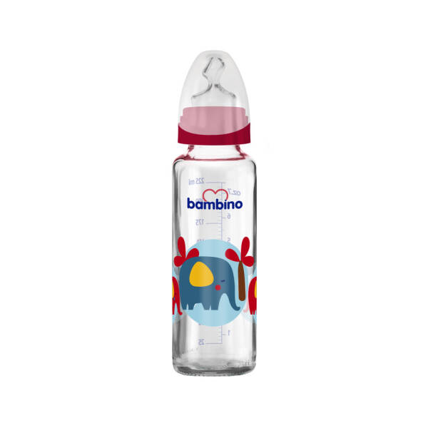 Bambino Cam Biberon Yavaş Akış 225ml 0+ Ay - Kırmızı - Fil Desenli - 1