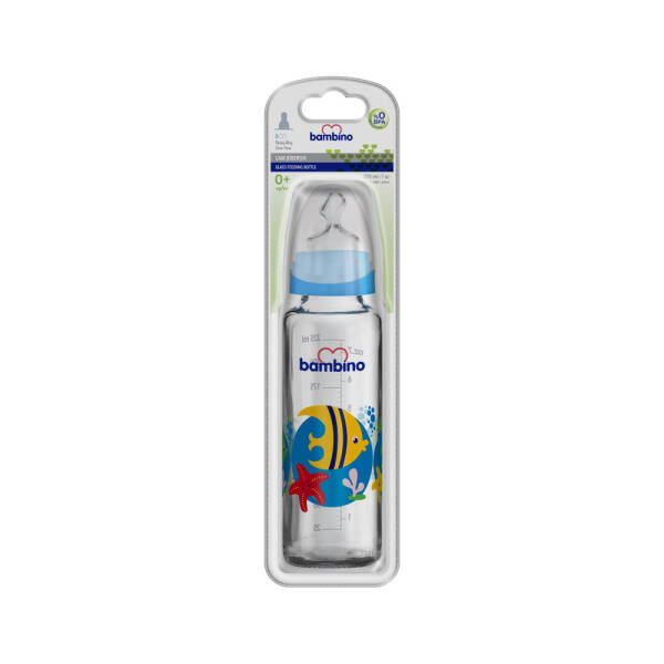 Bambino Cam Biberon Yavaş Akış 225ml 0+ Ay - Mavi - Balık Desenli - 1