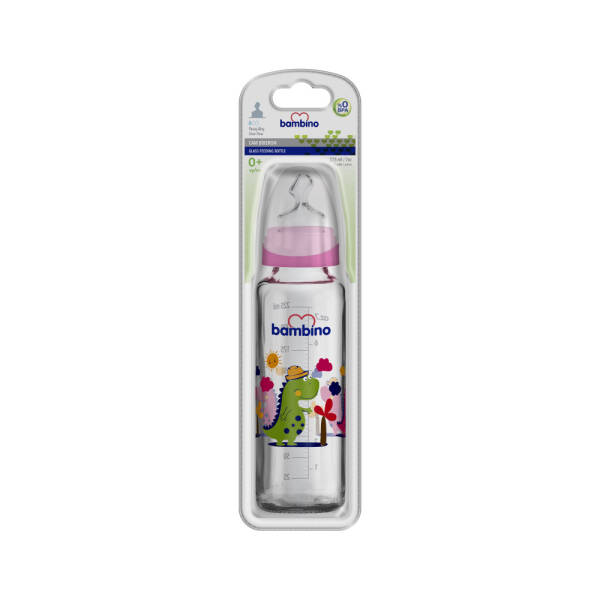 Bambino Cam Biberon Yavaş Akış 225ml 0+ Ay - Pembe - Dinazor Desenli - 1