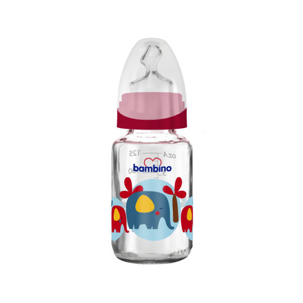 Bambino Cam Biberon Yavaş Akışlı 125ml 0+ Ay - Kırmızı - Fil Desenli - 1