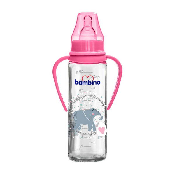 Bambino Kulplu Cam Biberon Kiraz Uçlu 225ml 0+ Ay - Pembe - Fil - 1