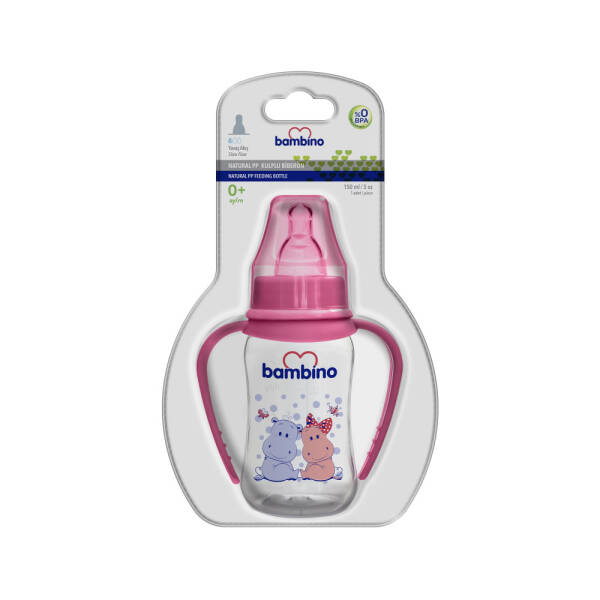 Bambino Natural PP Kulplu Biberon 150ml 0+ Ay - Pembe - Hipopotam - 1